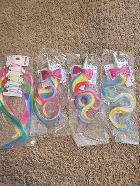4 Sets Of Claire's Rainbow Unicorn Hair Clips with Pink Glitter Bows
